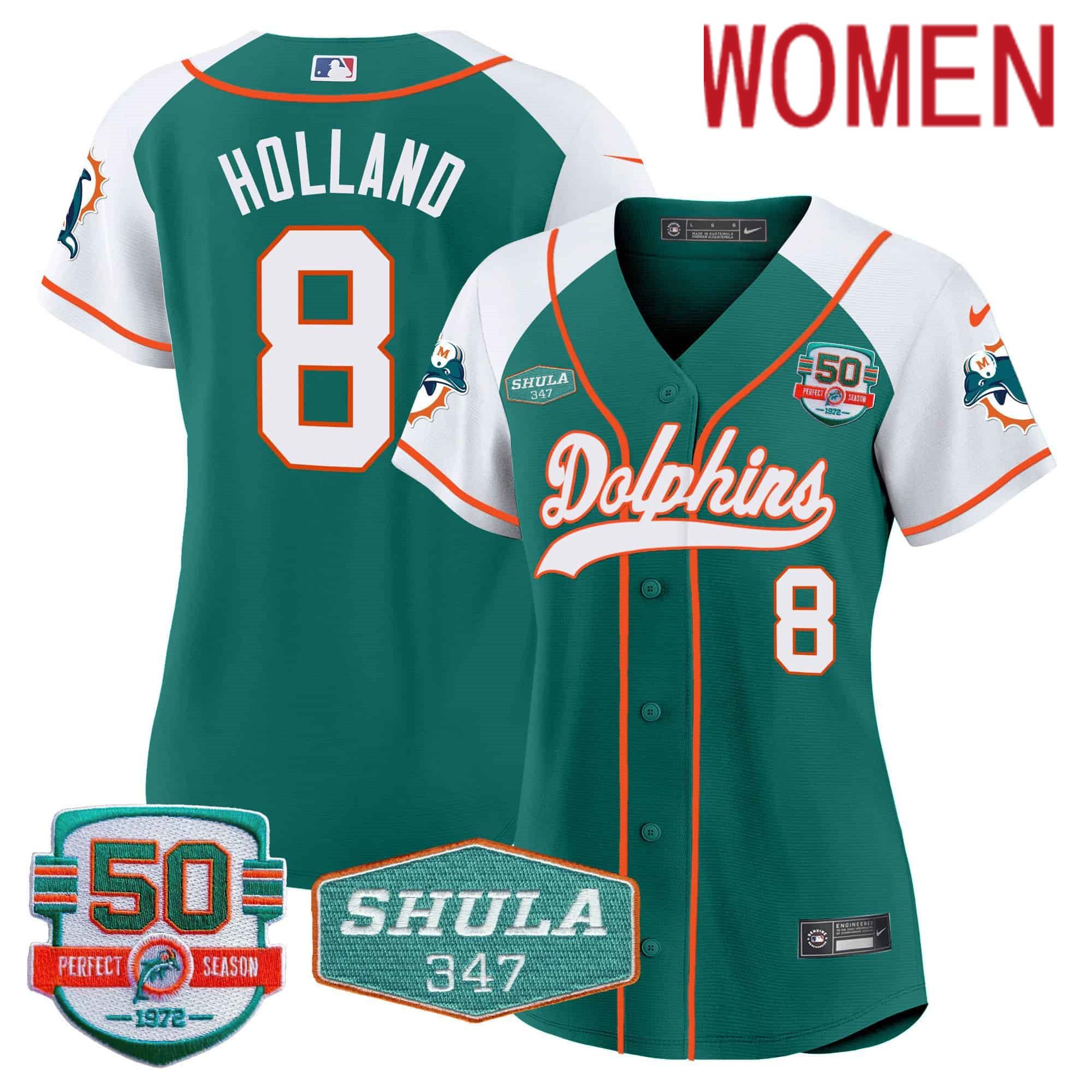 Women Miami Dolphins #8 Holland Green 2024 Nike 50th Don Shula Memorial Patch Baseball NFL Jersey